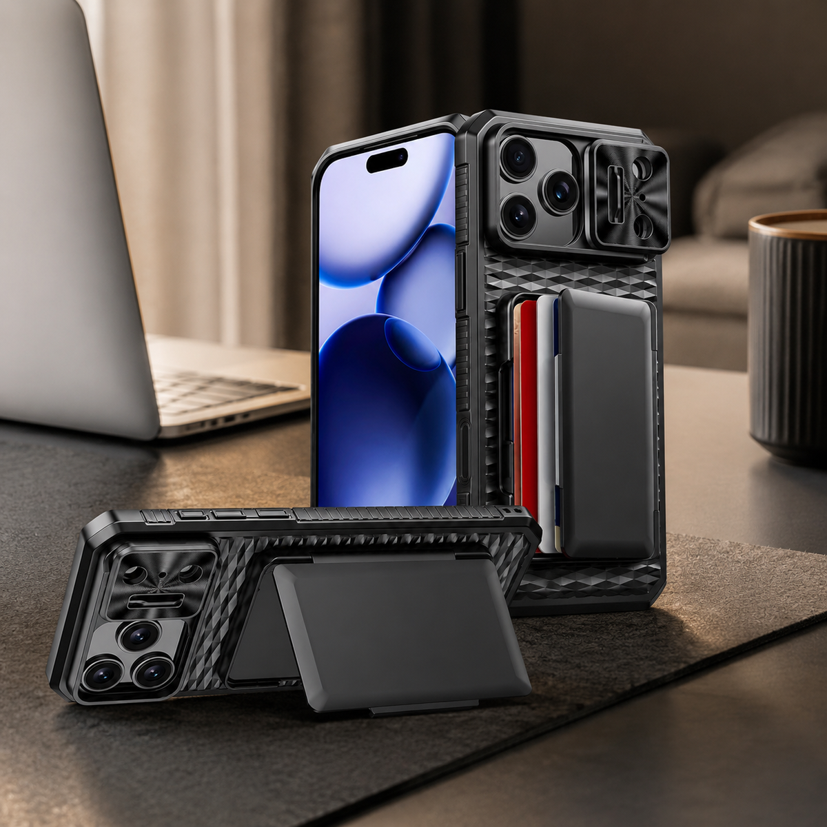 Premium iPhone Case Wallet Card Holder Sliding Camera Cover Foldable Stand Shockproof PC TPU Protective Full Coverage Design