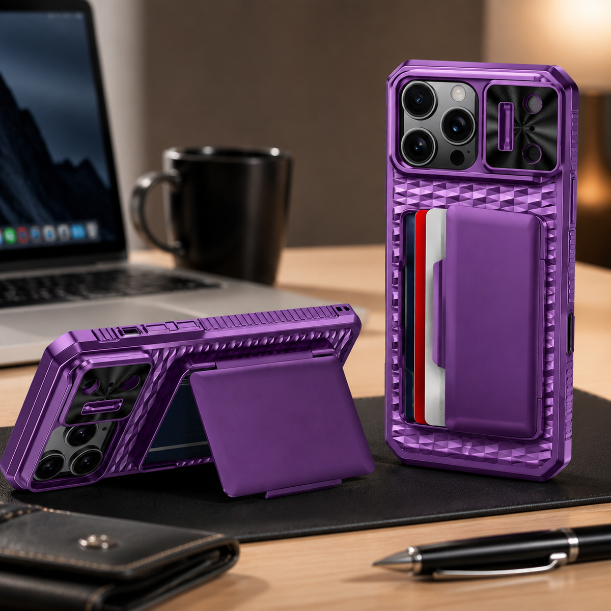 Premium iPhone Case Wallet Card Holder Sliding Camera Cover Foldable Stand Shockproof PC TPU Protective Full Coverage Design