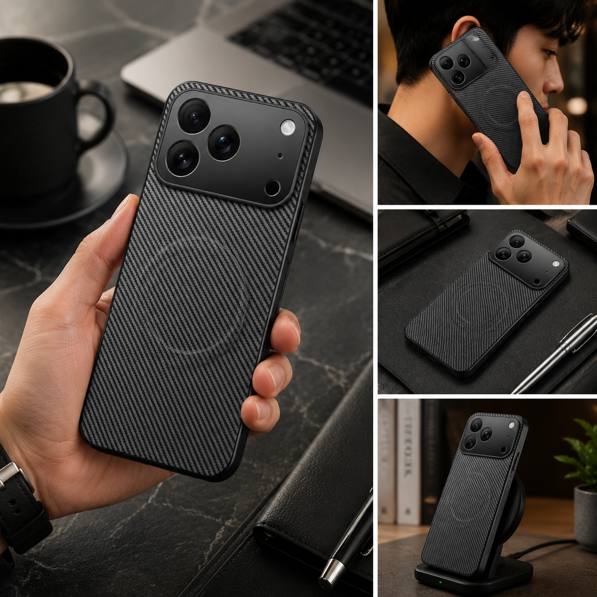 Premium iPhone Case MagSafe Compatible Luxury Carbon Fiber Leather Protective Cover Ultra Thin Magnetic Wireless Charging Shockproof Slim Full Coverage