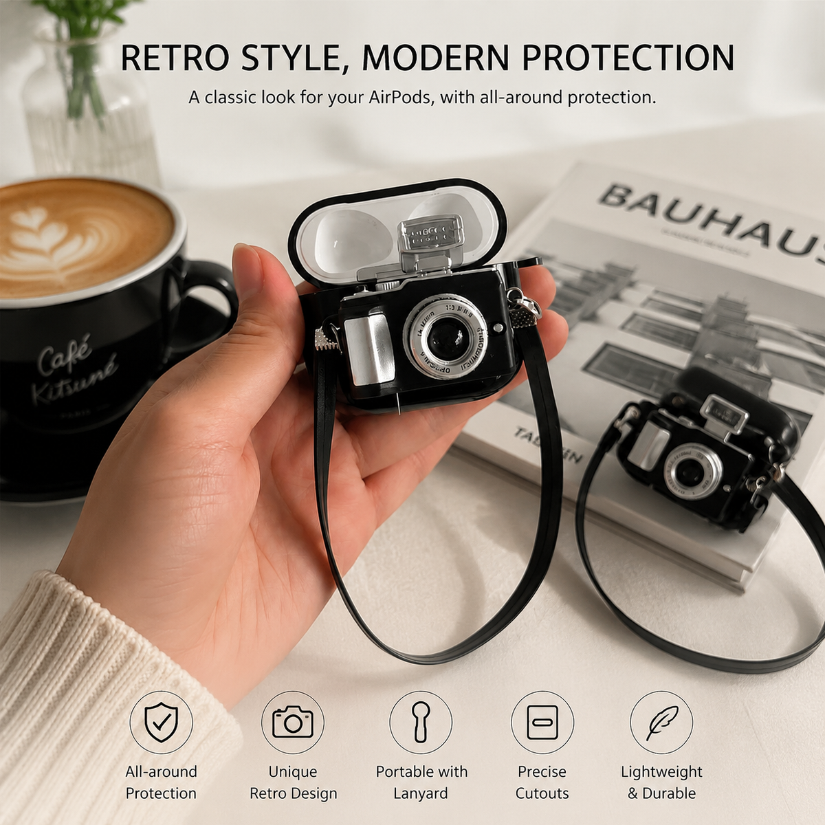 Premium Camera AirPods Case Soft Silicone Protective Cover Cute Wireless Charging Carry Strap Shockproof Earbuds Case Compatible with AirPods