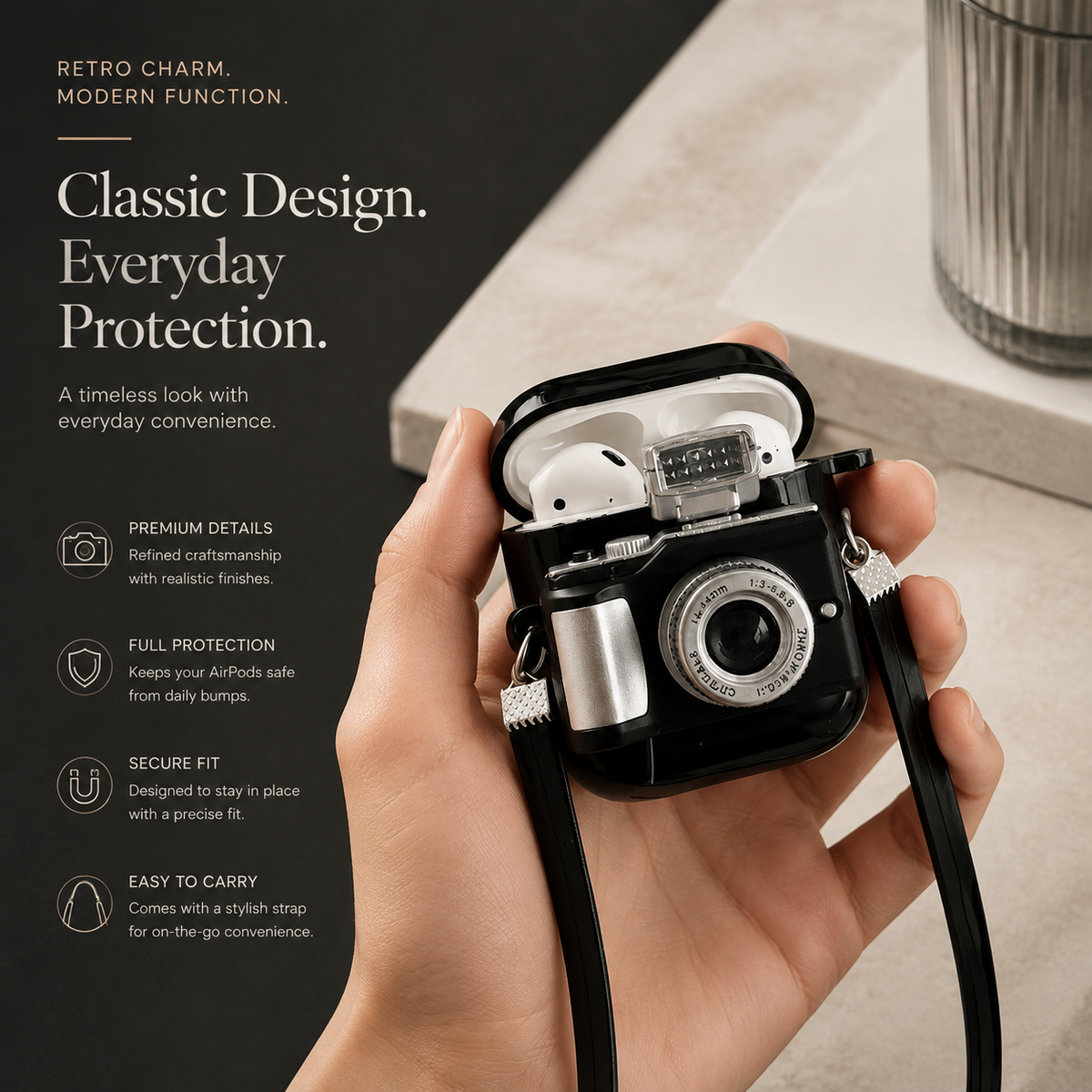 Premium Camera AirPods Case Soft Silicone Protective Cover Cute Wireless Charging Carry Strap Shockproof Earbuds Case Compatible with AirPods