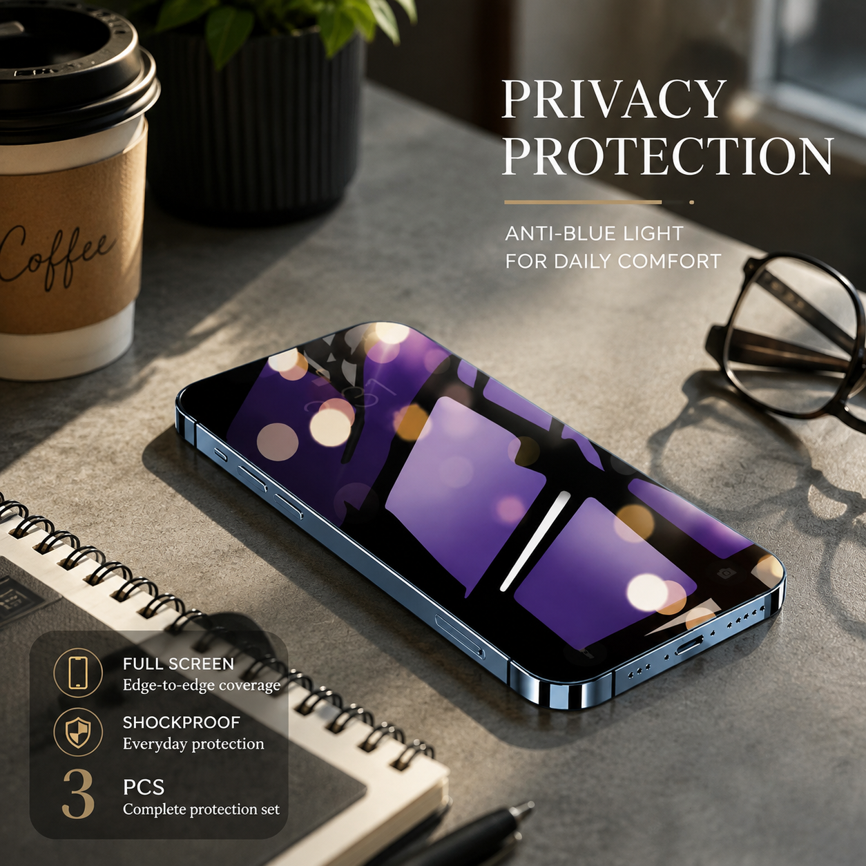 Premium Privacy Screen Protector Anti Spy Tempered Glass Anti Blue Light Full Coverage Scratch Resistant Screen Guard Compatible with iPhone
