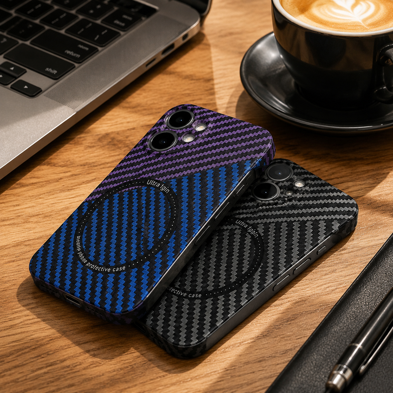 Premium iPhone Case Carbon Fiber MagSafe Cover Frameless Matte PC Slim Protective Case Logo Hollow Magnetic Ring Wireless Charging Compatible