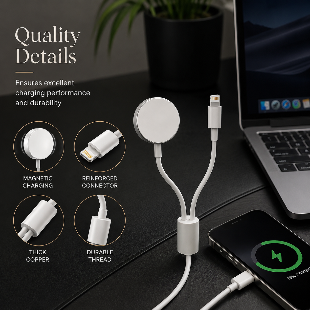 Premium 2-in-1 Magnetic Wireless Charger Cable USB-A Fast Charging Cord Smart Chip Protection Strong Magnetic Charging Compatible with iPhone