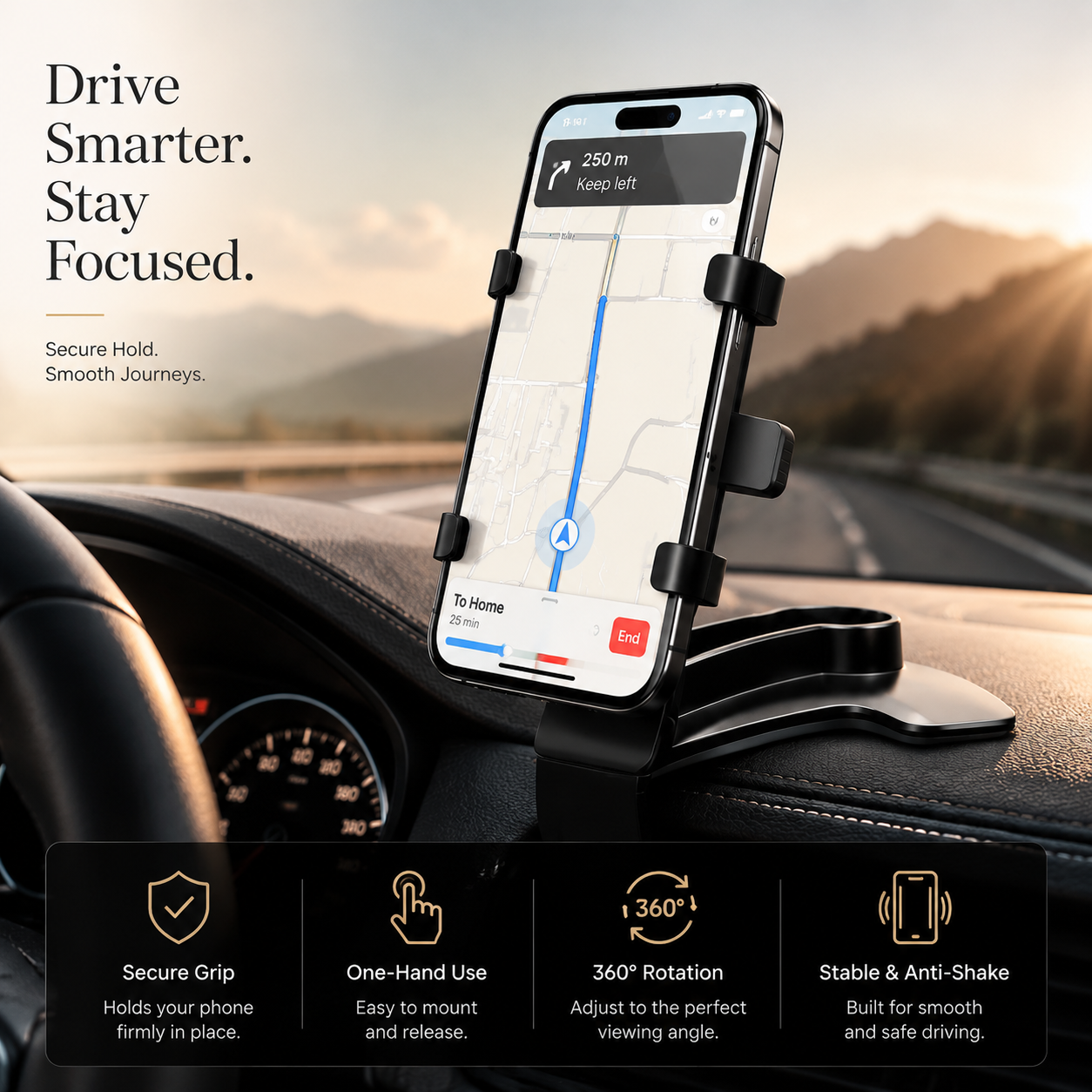 Premium Universal Car Phone Holder Mount 3-in-1 Dashboard Rearview Mirror Sun Visor Stand 360° Rotation Anti-Slip Compatible with iPhone
