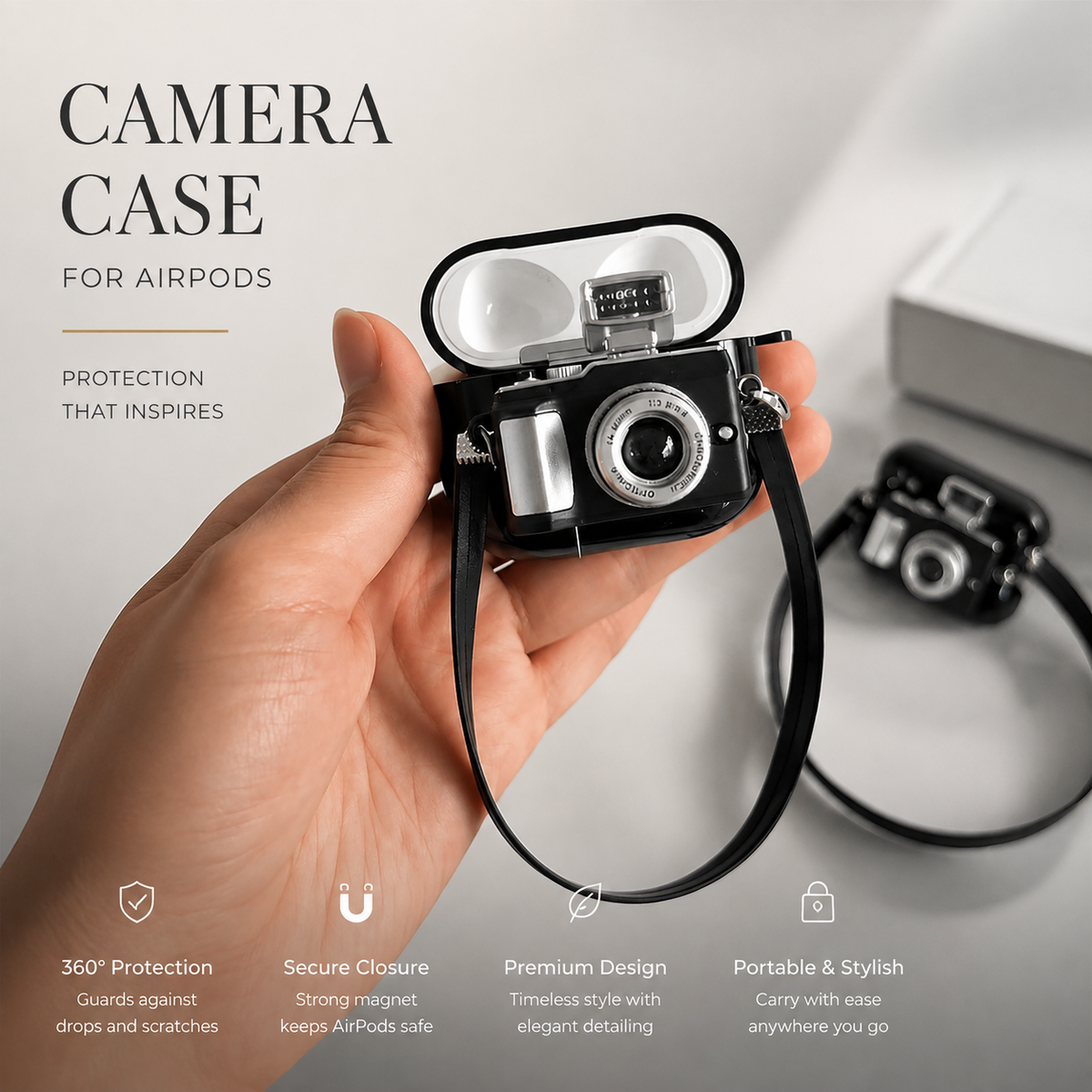 Premium Camera AirPods Case Soft Silicone Protective Cover Cute Wireless Charging Carry Strap Shockproof Earbuds Case Compatible with AirPods