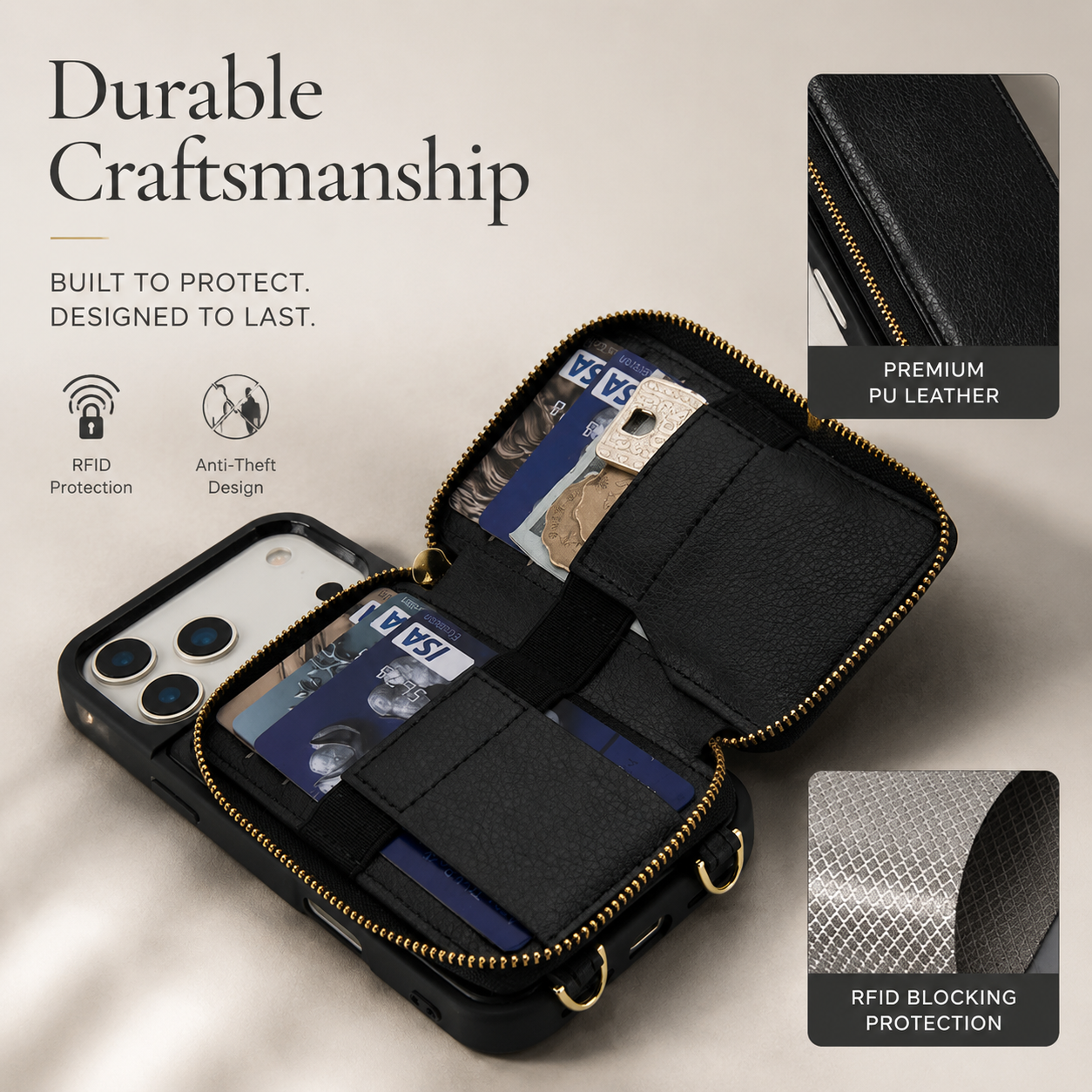 Luxury iPhone Case Leather Wallet Flip Cover Crossbody Card Holder RFID Blocking Zipper Pocket Shockproof Camera Lens Protection Full Coverage
