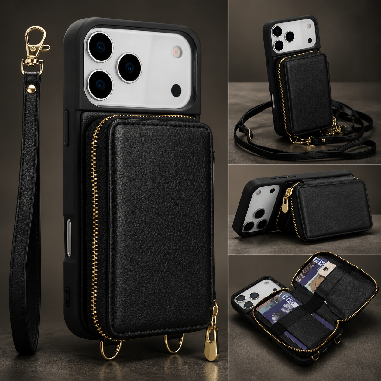 Luxury iPhone Case Leather Wallet Flip Cover Crossbody Card Holder RFID Blocking Zipper Pocket Shockproof Camera Lens Protection Full Coverage