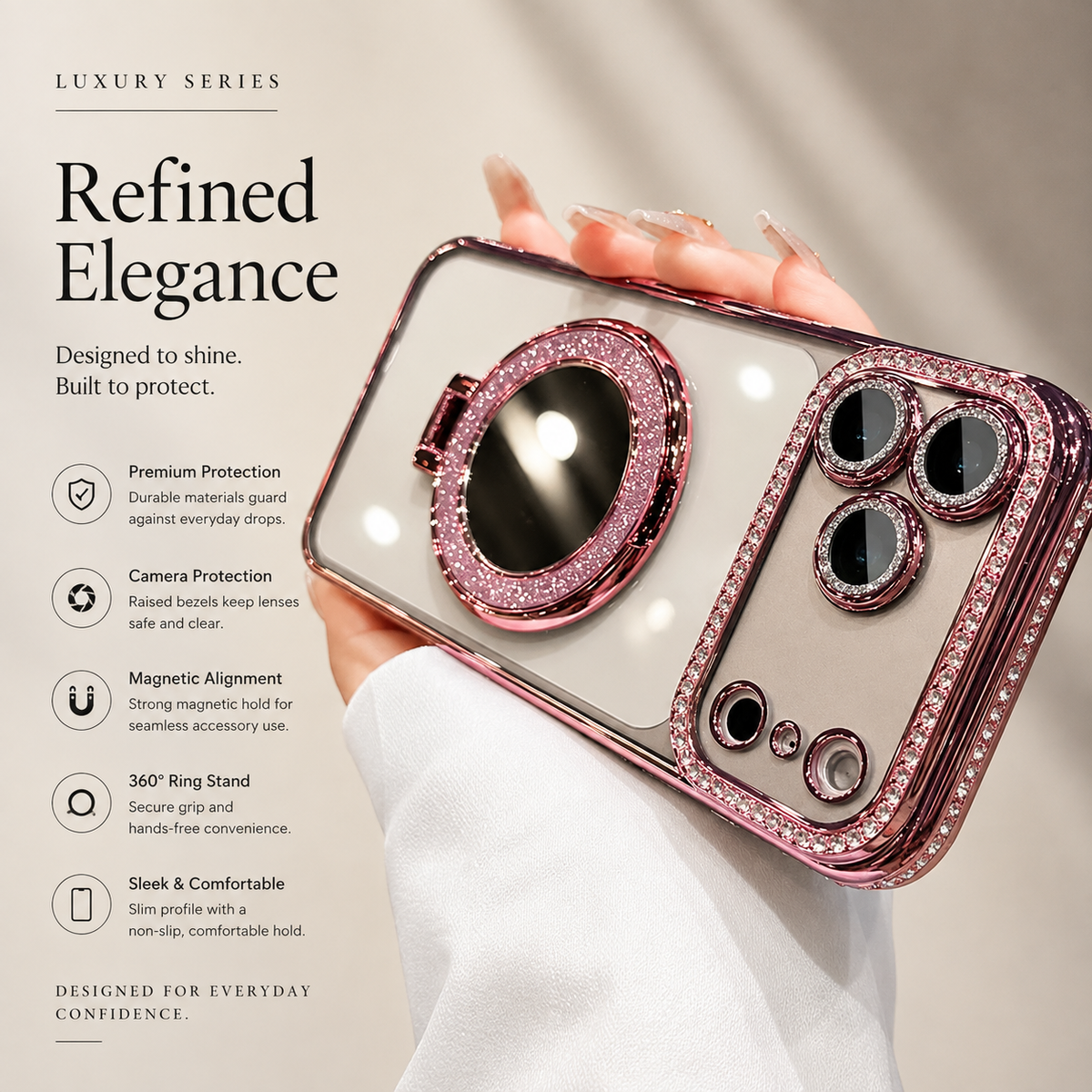 Luxury iPhone Case MagSafe Compatible Protective Cover Camera Lens Protection Shockproof Anti Scratch Transparent Diamond Mirror Glitter Anti Fingerprint Slim Full Coverage