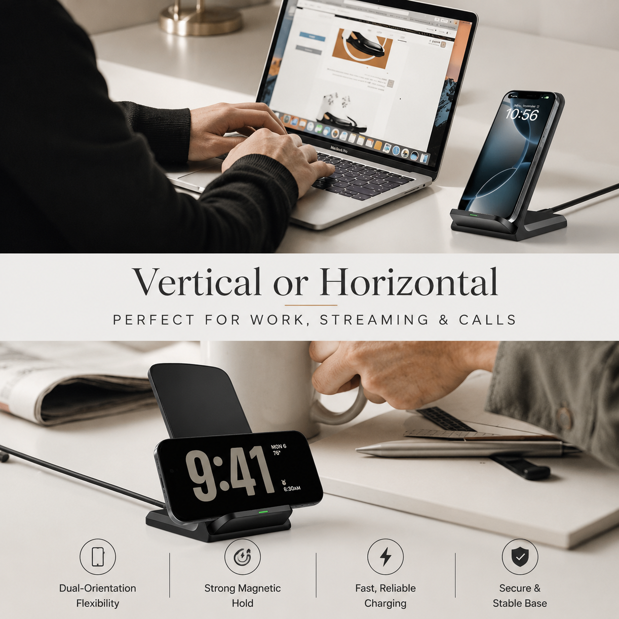 Premium 30W Wireless Charger Stand Fast Charging Foldable Phone Charging Stand USB C Vertical Horizontal Viewing Compatible with iPhone Travel Design