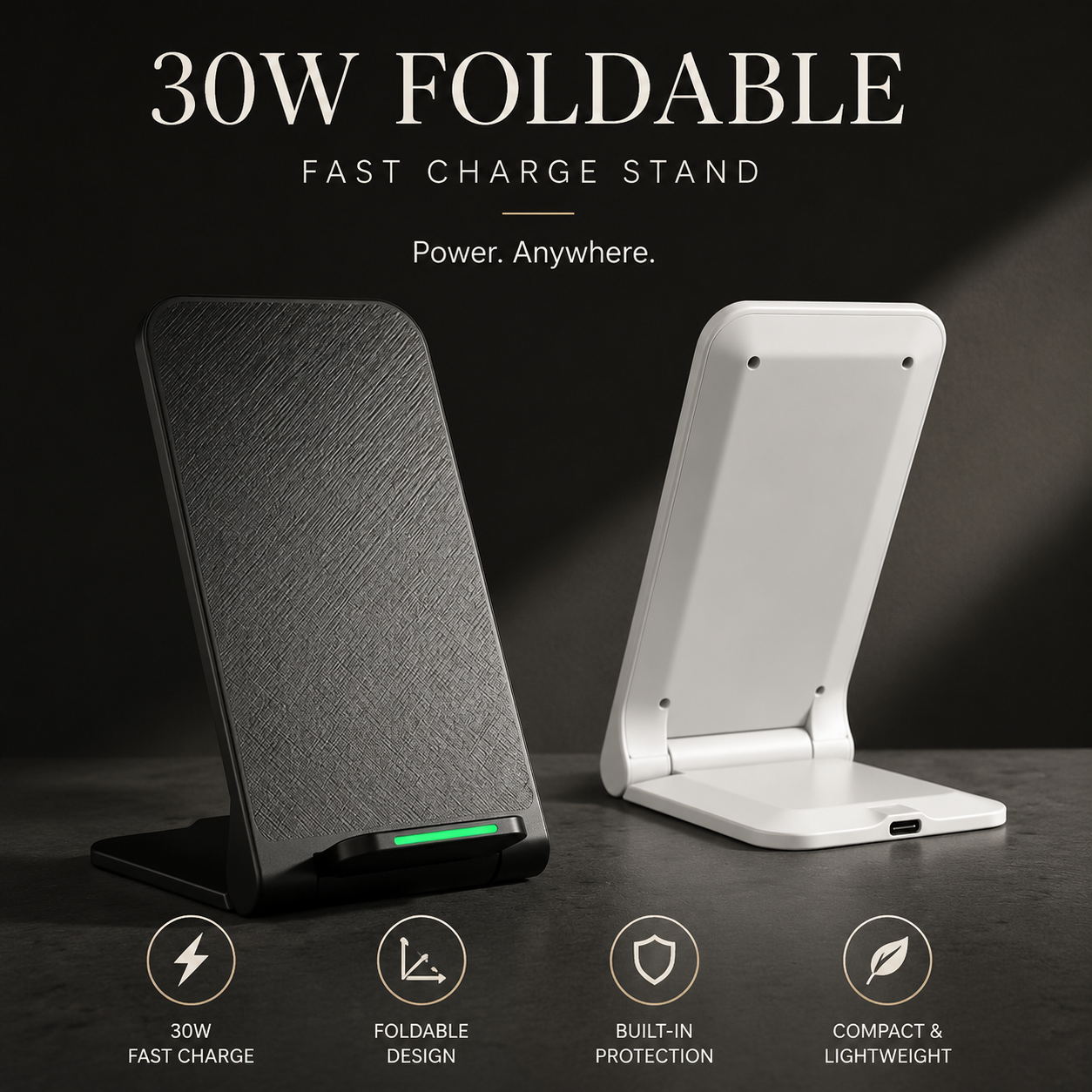 Premium 30W Wireless Charger Stand Fast Charging Foldable Phone Charging Stand USB C Vertical Horizontal Viewing Compatible with iPhone Travel Design
