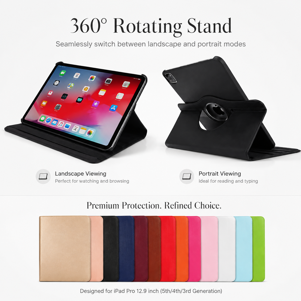 Premium 360° Rotating PU Leather iPad Case Smart Cover Auto Sleep Wake Shockproof Protective Stand Multi-Angle Tablet Case Compatible with iPad