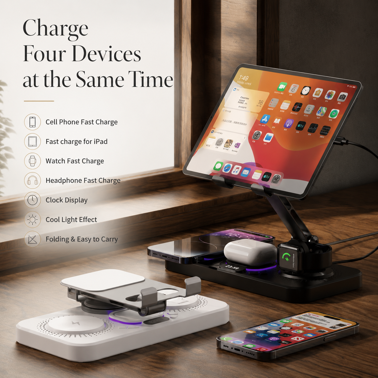 Premium 4 in 1 Magnetic Wireless Charging Station 15W Fast Charging Foldable Charger Stand for Phone Watch Earbuds LED Compatible with iPhone