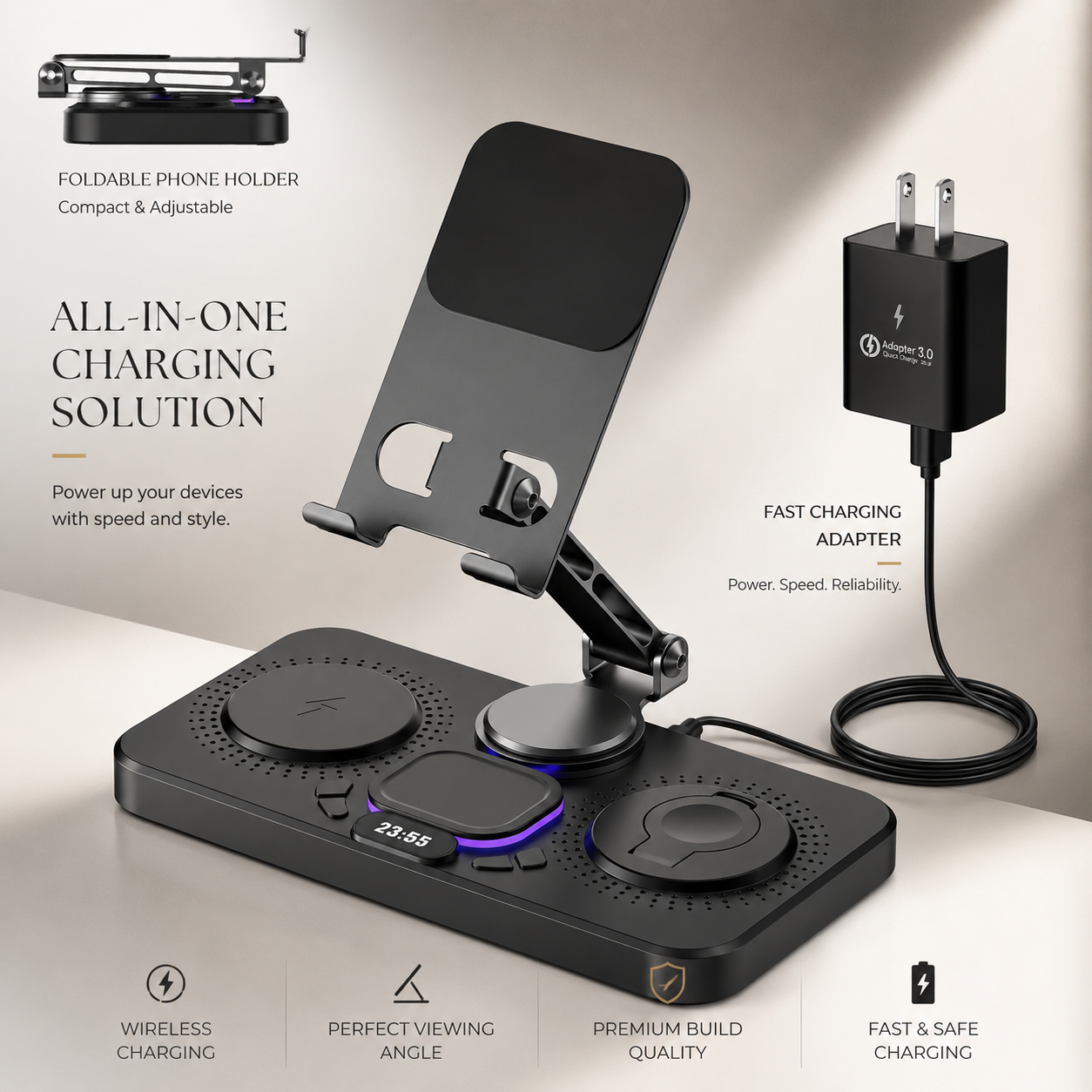 Premium 4 in 1 Magnetic Wireless Charging Station 15W Fast Charging Foldable Charger Stand for Phone Watch Earbuds LED Compatible with iPhone
