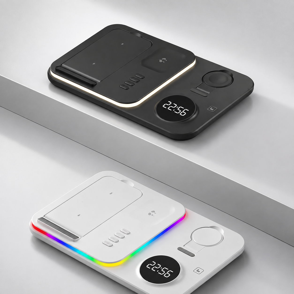 Premium 5 in 1 Wireless Charging Station 30W Fast Qi Charger Foldable Charging Dock RGB LED Alarm Clock USB Type C Multi Device Compatible with iPhone