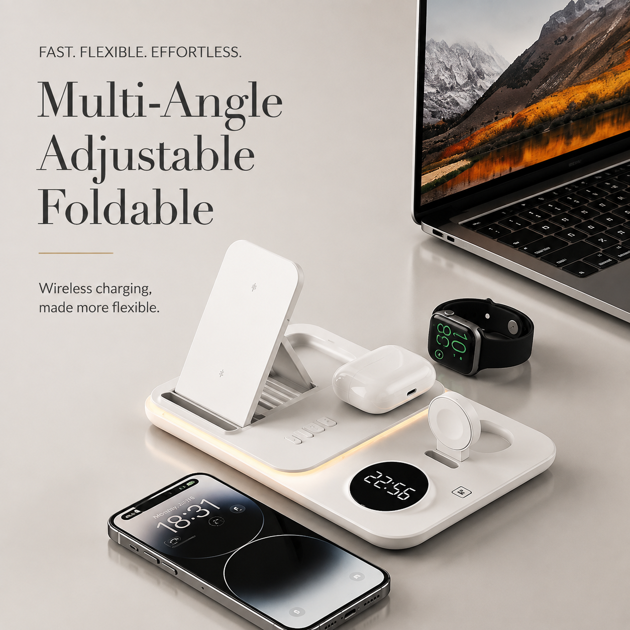 Premium 5 in 1 Wireless Charging Station 30W Fast Qi Charger Foldable Charging Dock RGB LED Alarm Clock USB Type C Multi Device Compatible with iPhone