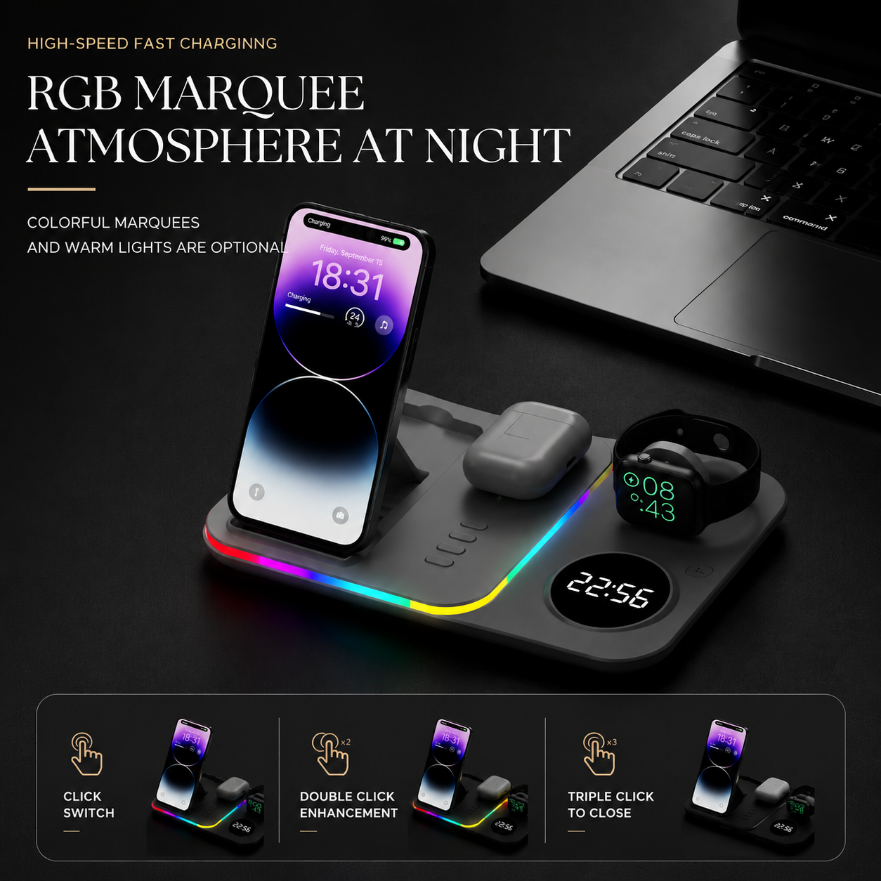 Premium 5 in 1 Wireless Charging Station 30W Fast Qi Charger Foldable Charging Dock RGB LED Alarm Clock USB Type C Multi Device Compatible with iPhone