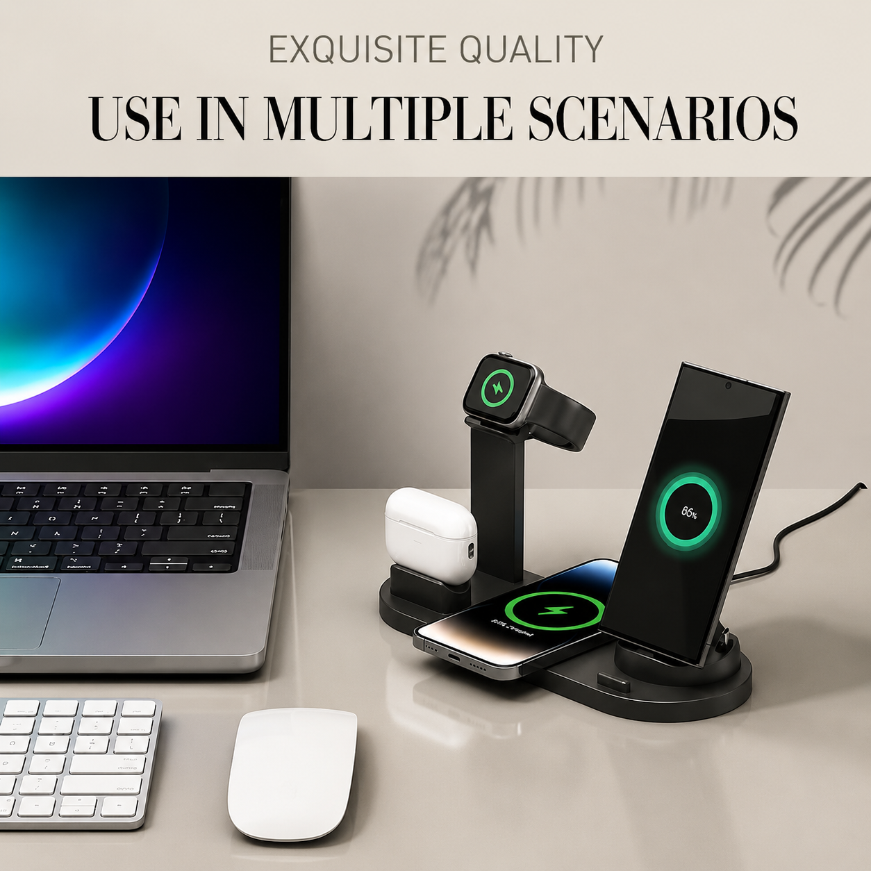 Premium 7-in-1 Wireless Charging Station Fast Qi Charger Dock USB Type C Multi Device Charging Smart Charging Stand Compatible with iPhone