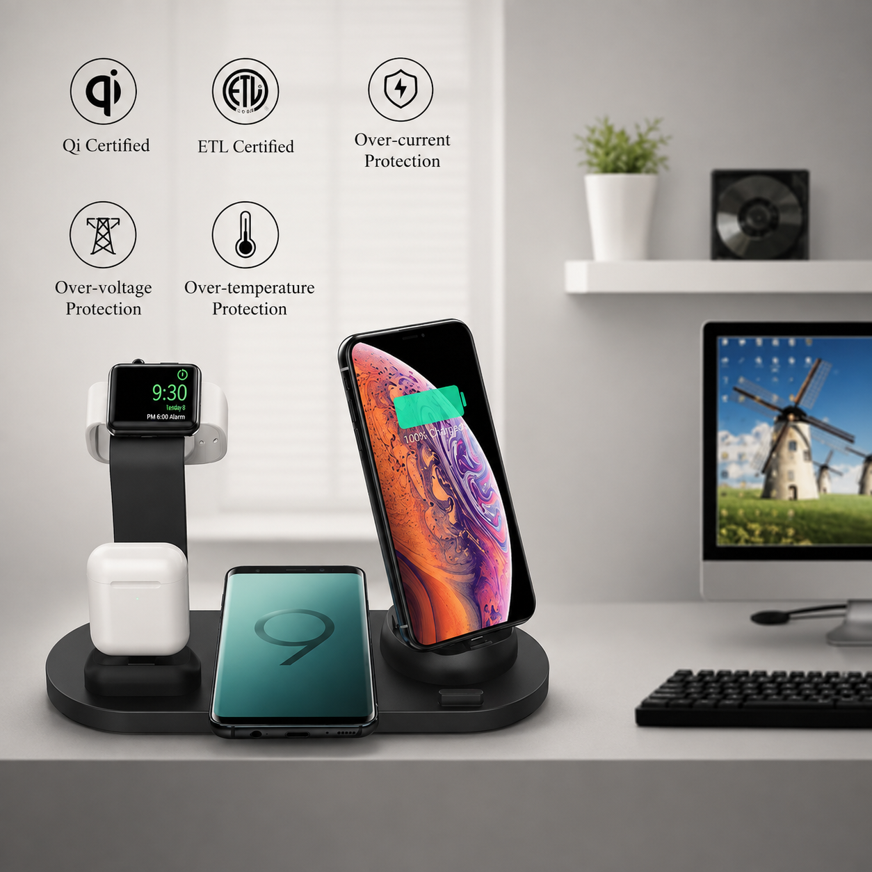 Premium 7-in-1 Wireless Charging Station Fast Qi Charger Dock USB Type C Multi Device Charging Smart Charging Stand Compatible with iPhone