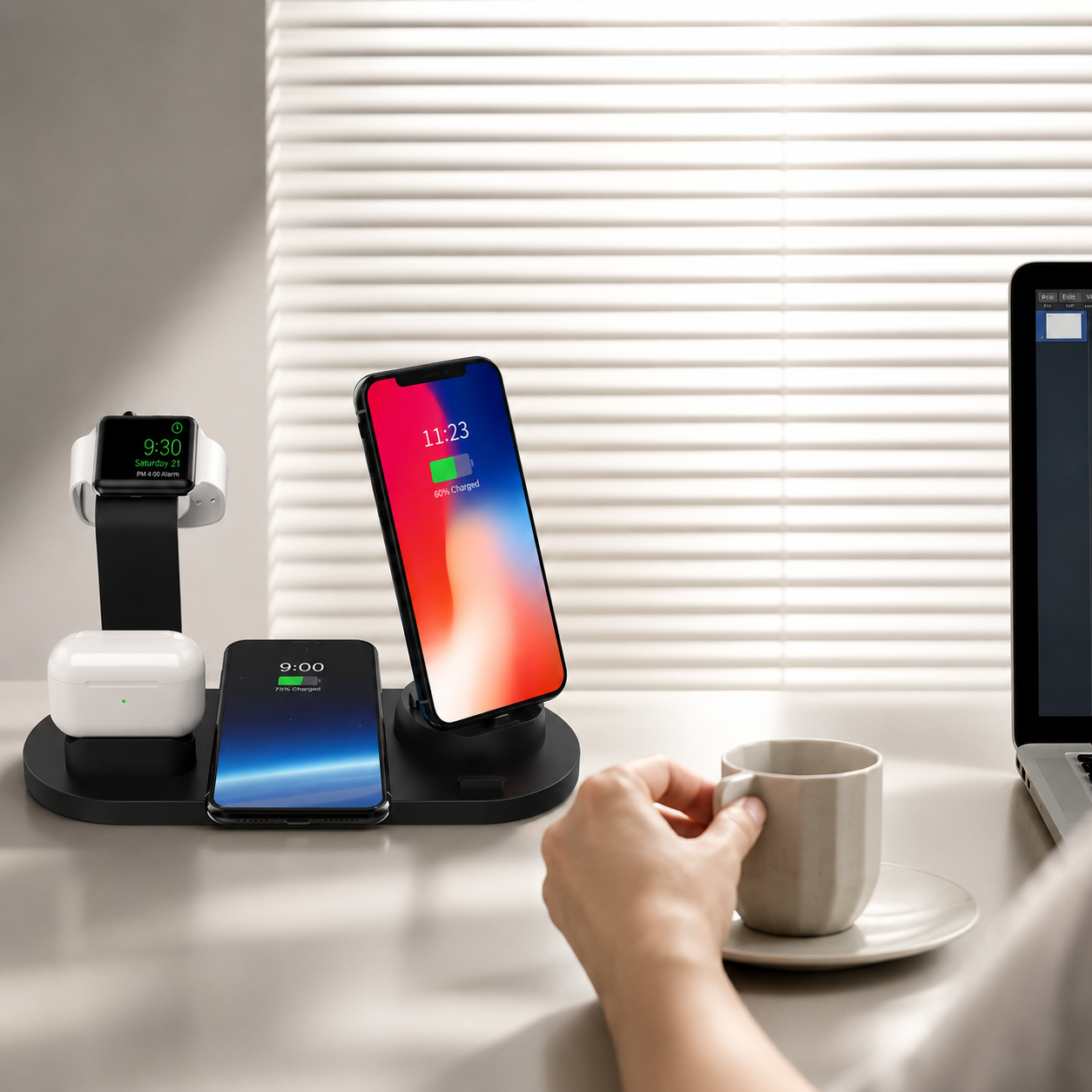 Premium 7-in-1 Wireless Charging Station Fast Qi Charger Dock USB Type C Multi Device Charging Smart Charging Stand Compatible with iPhone