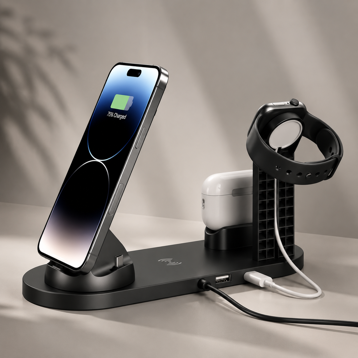 Premium 7-in-1 Wireless Charging Station Fast Qi Charger Dock USB Type C Multi Device Charging Smart Charging Stand Compatible with iPhone