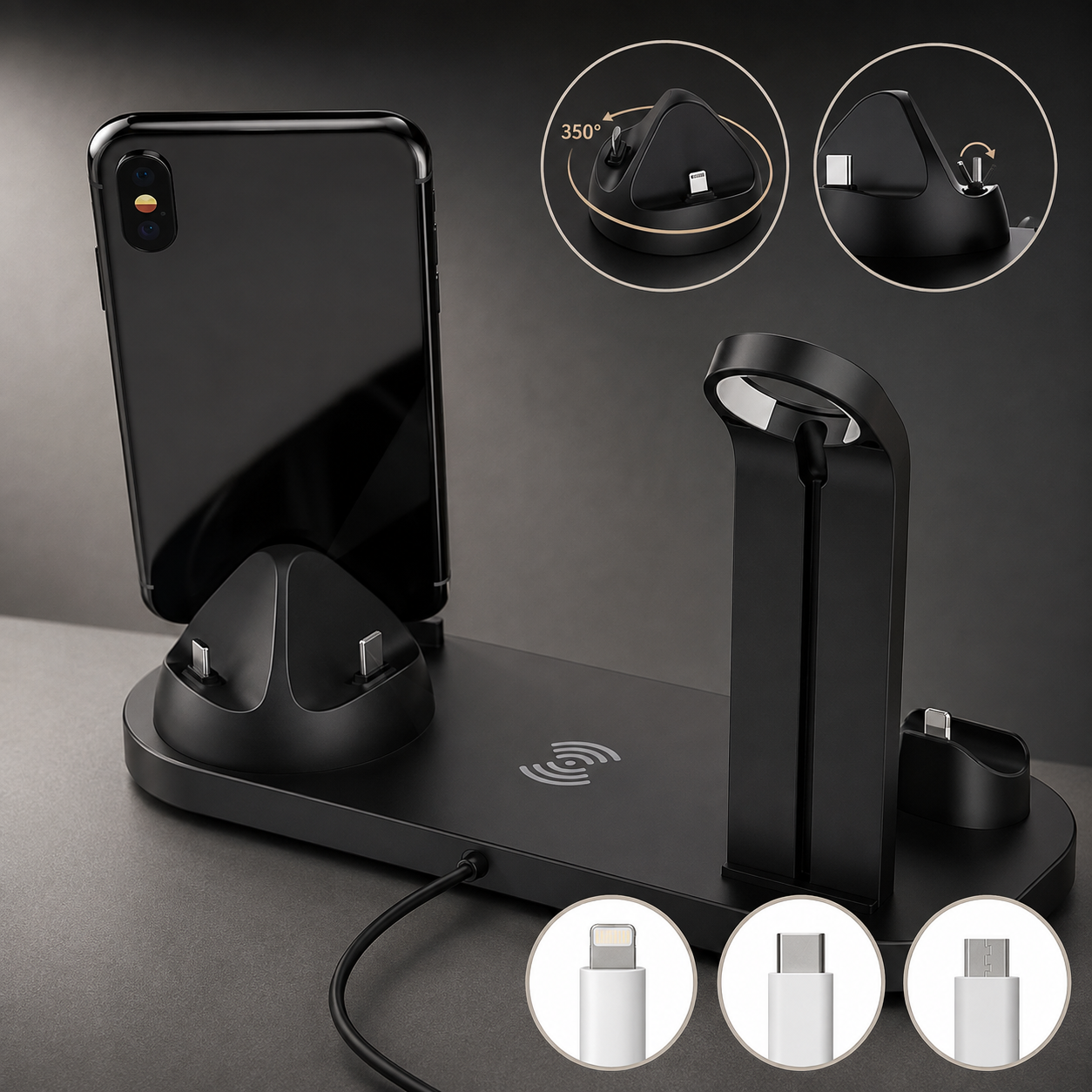 Premium 7-in-1 Wireless Charging Station Fast Qi Charger Dock USB Type C Multi Device Charging Smart Charging Stand Compatible with iPhone