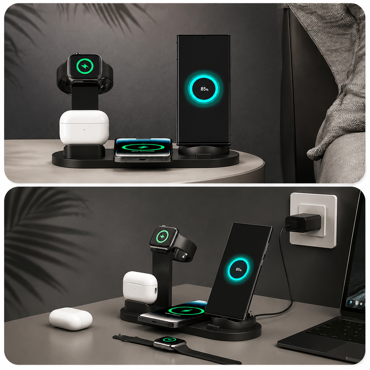 Premium 7-in-1 Wireless Charging Station Fast Qi Charger Dock USB Type C Multi Device Charging Smart Charging Stand Compatible with iPhone