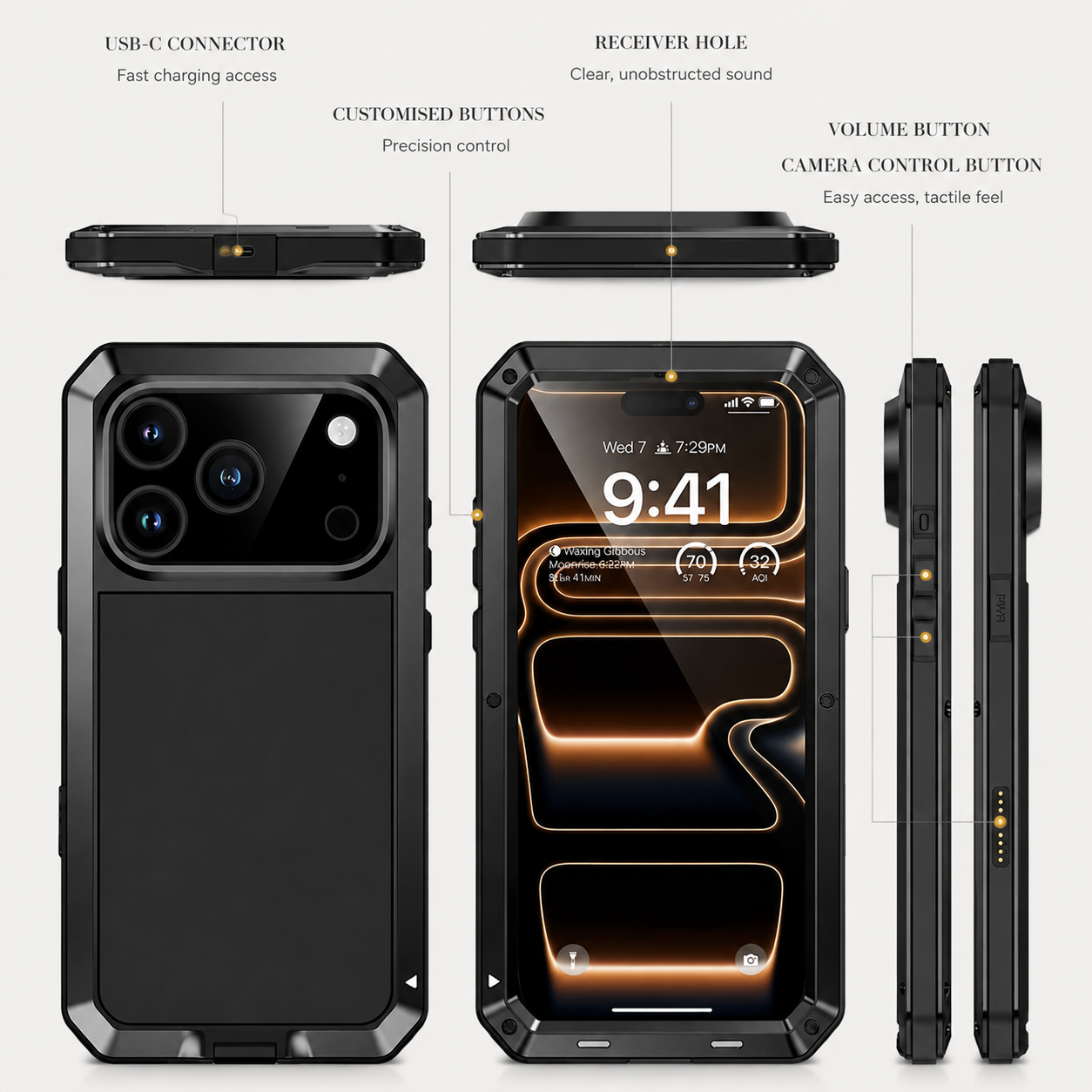 Premium Aluminum Armor iPhone Case – MagSafe Compatible Heavy Duty Shockproof Cover with Built-in Glass Screen Protector and Camera Lens Guard