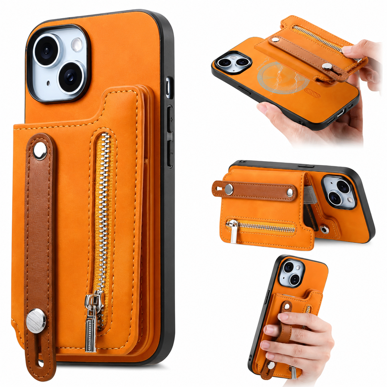 Premium Detachable Zipper Wallet iPhone Case Magnetic Flip Cover Card Holder Wrist Strap Shockproof Protective Case Full Coverage Design