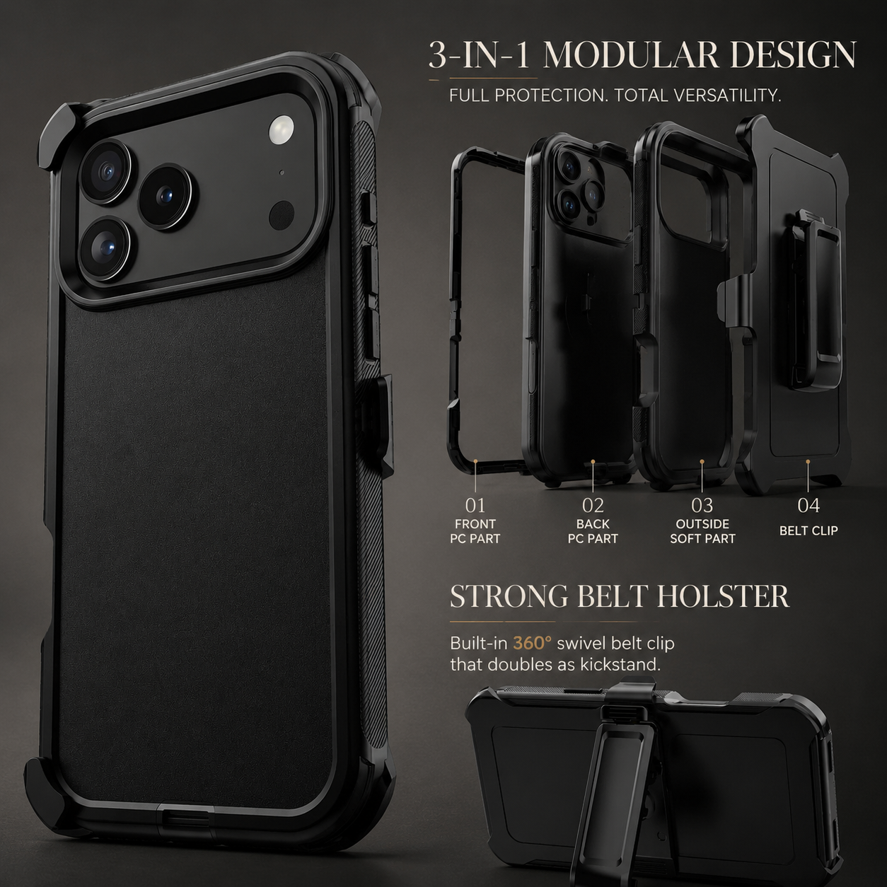 Premium Durable iPhone Case Heavy Duty 3 Layer Hybrid Cover with Belt Clip Holster Shockproof Hard PC Matte Anti Fingerprint Protective Rugged Design