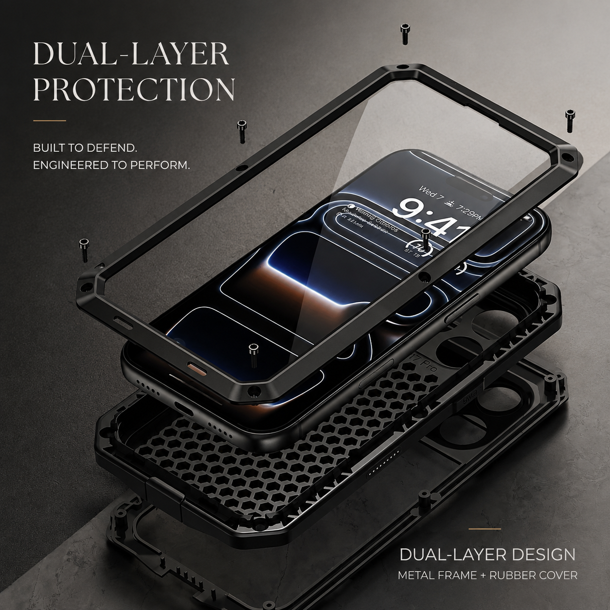 Premium Durable iPhone Case Heavy Duty Metal Cover with Built In Glass Screen Protector Shockproof PC TPU Rugged Anti Scratch Protective Design