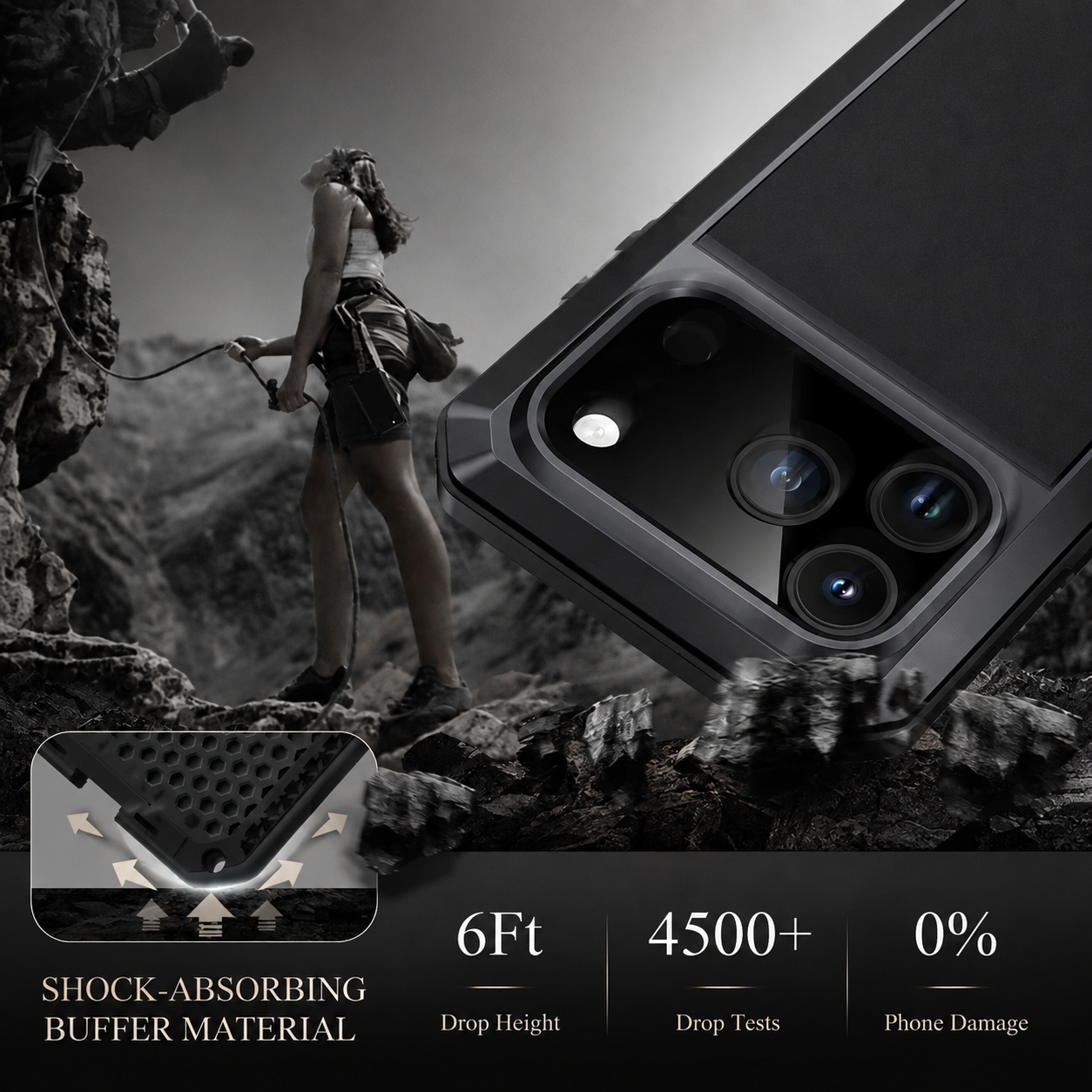 Premium Durable iPhone Case Heavy Duty Metal Cover with Built In Glass Screen Protector Shockproof PC TPU Rugged Anti Scratch Protective Design