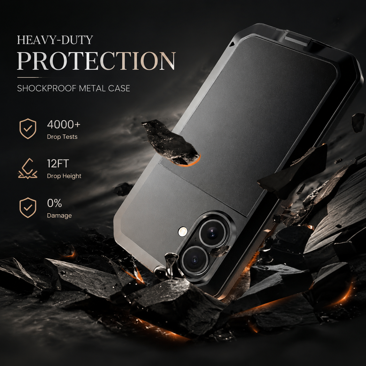 Premium Durable iPhone Case Heavy Duty Metal Cover with Built In Glass Screen Protector Shockproof PC TPU Rugged Anti Scratch Protective Design
