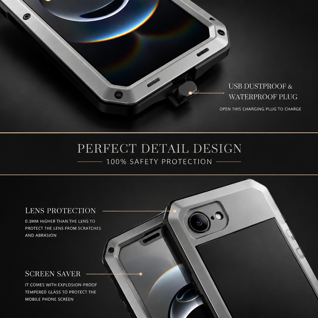 Premium Durable iPhone Case Heavy Duty Metal Cover with Built In Glass Screen Protector Shockproof PC TPU Rugged Anti Scratch Protective Design