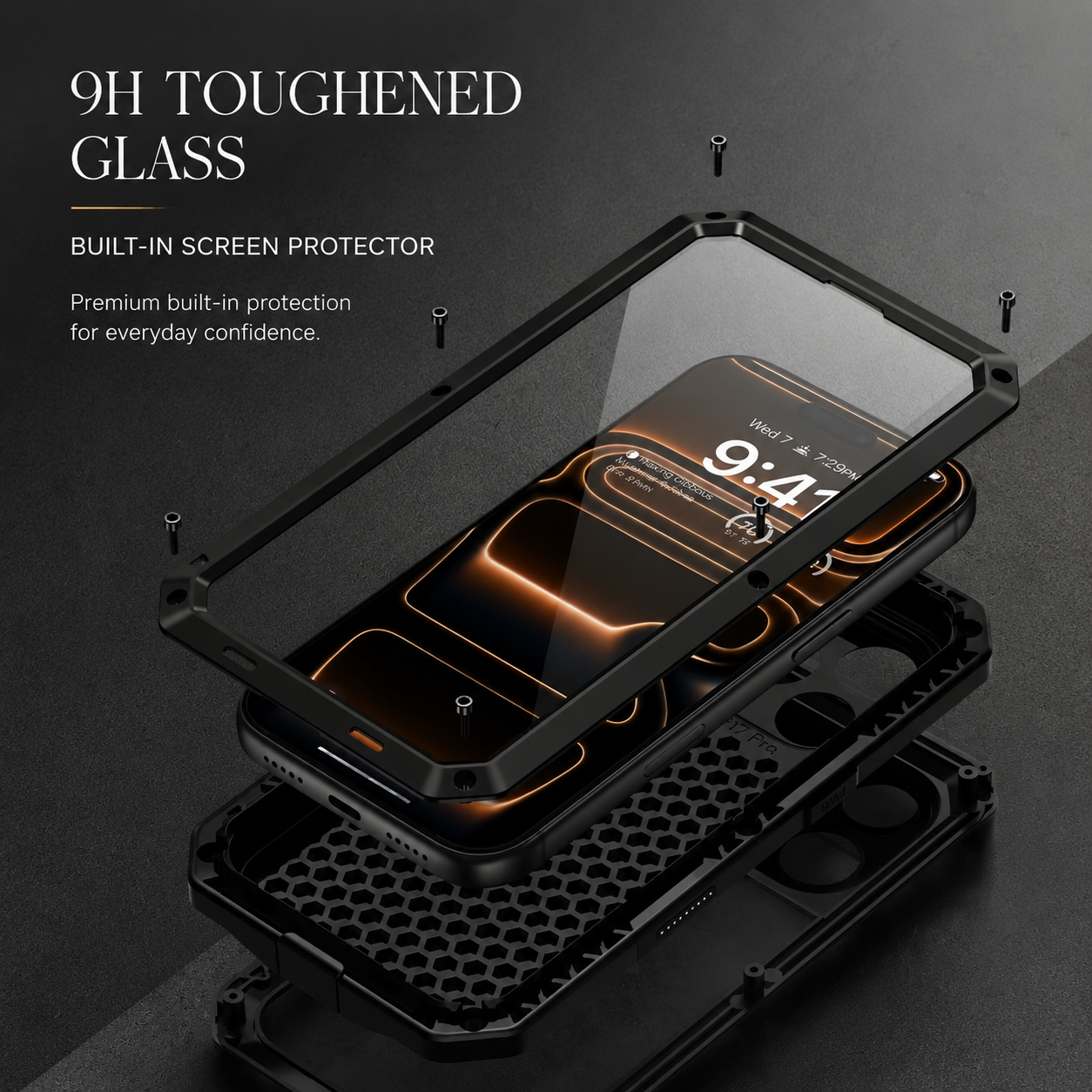 Premium Durable iPhone Case Heavy Duty Metal Cover with Built In Glass Screen Protector Shockproof PC TPU Rugged Anti Scratch Protective Design