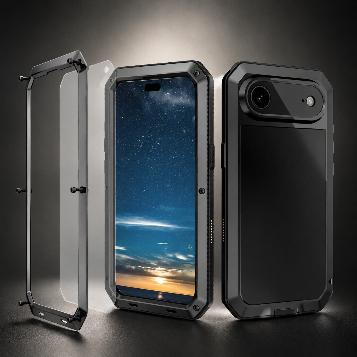 Premium Durable iPhone Case Heavy Duty Metal Cover with Built In Glass Screen Protector Shockproof PC TPU Rugged Anti Scratch Protective Design