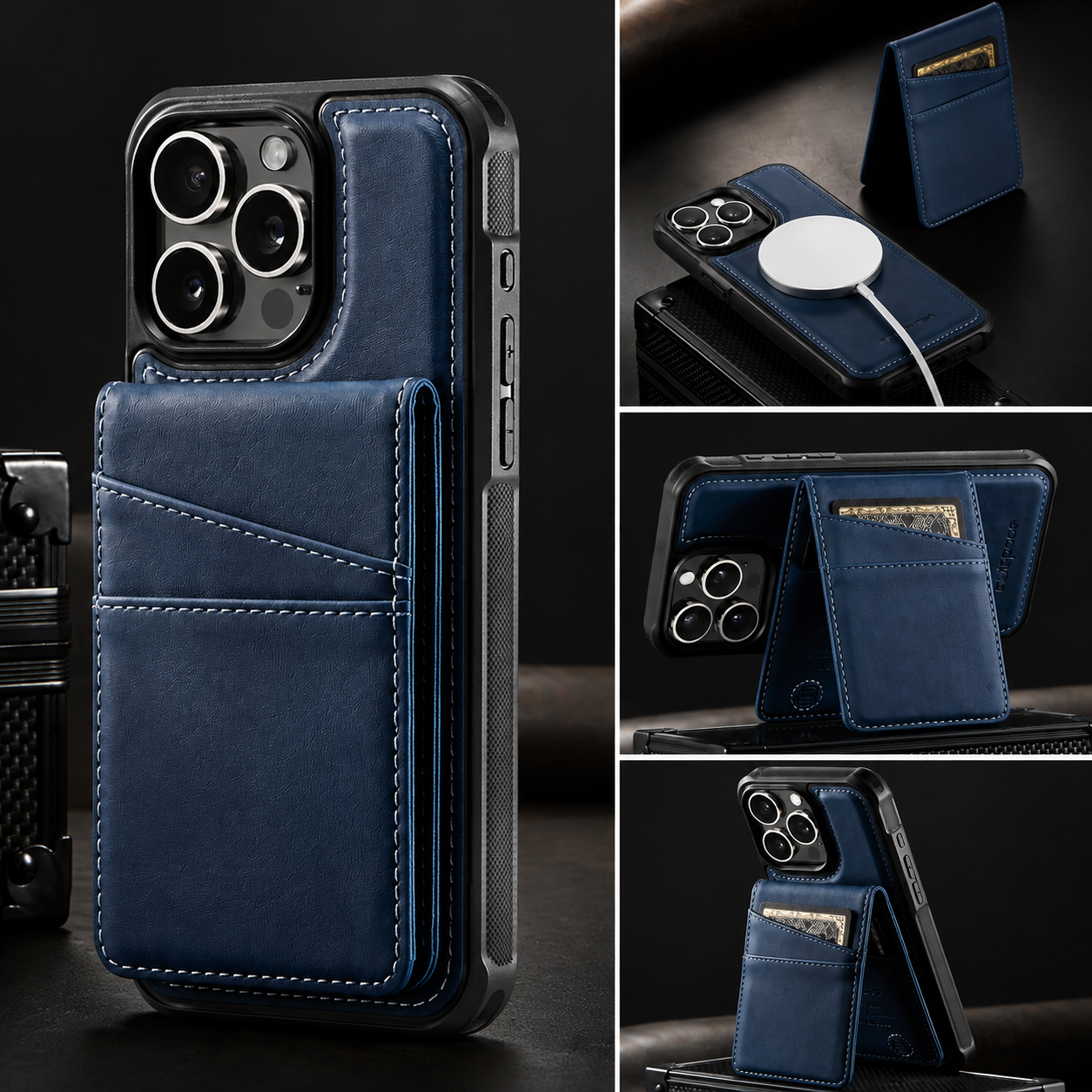 Premium Luxury iPhone Case 2-in-1 Detachable Magnetic Wallet Cover PU Leather Card Holder Cash Pocket Wrist Strap Shockproof Full Protection Slim Design Finish