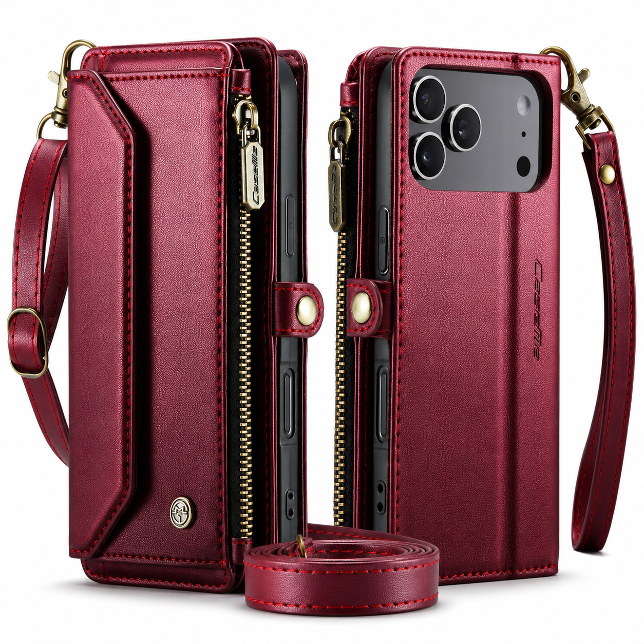 Premium Luxury iPhone Case Crossbody RFID Blocking PU Leather Wallet Cover 10 Card Holder Wristlet Shoulder Strap Shockproof Protective Design Style