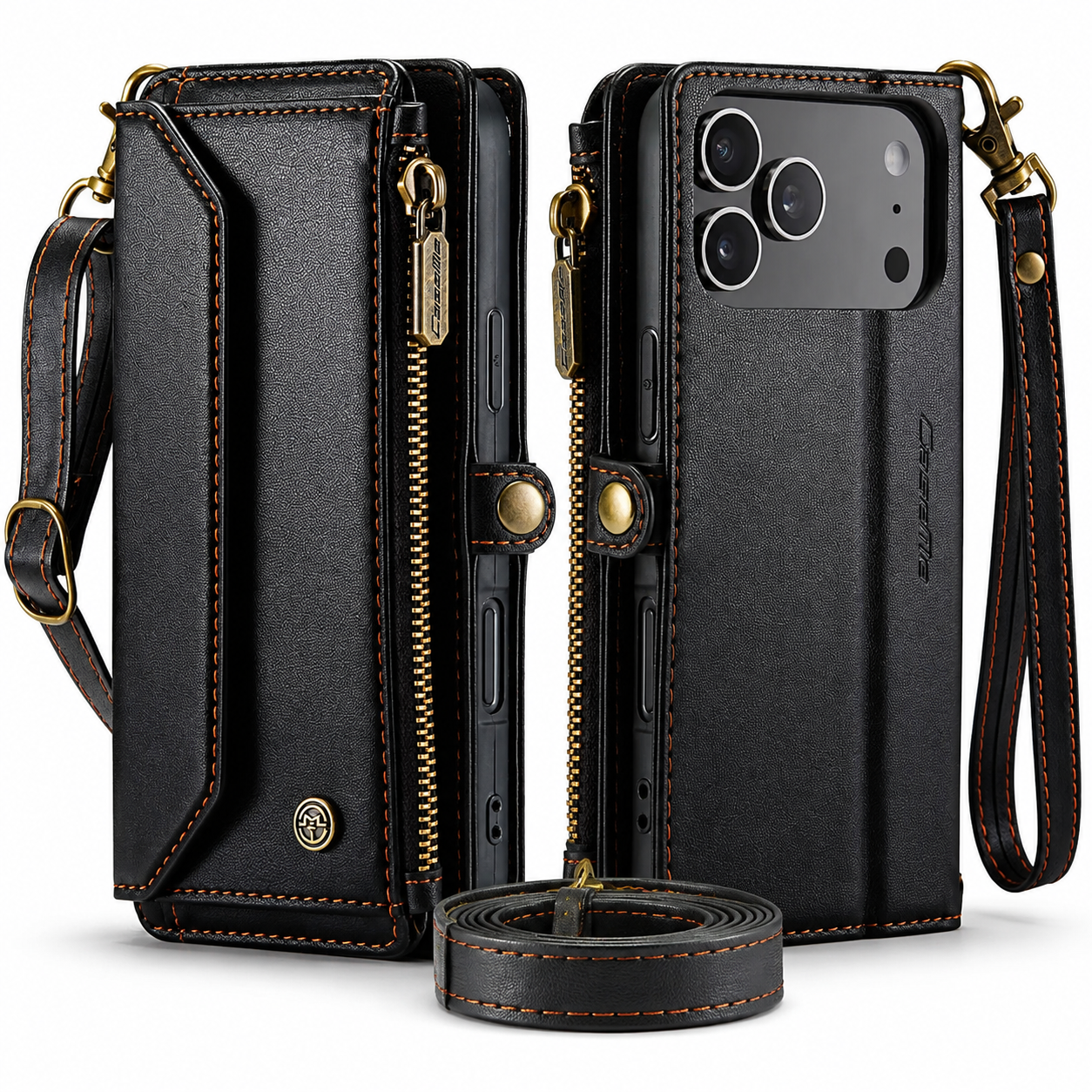 Premium Luxury iPhone Case Crossbody RFID Blocking PU Leather Wallet Cover 10 Card Holder Wristlet Shoulder Strap Shockproof Protective Design Style