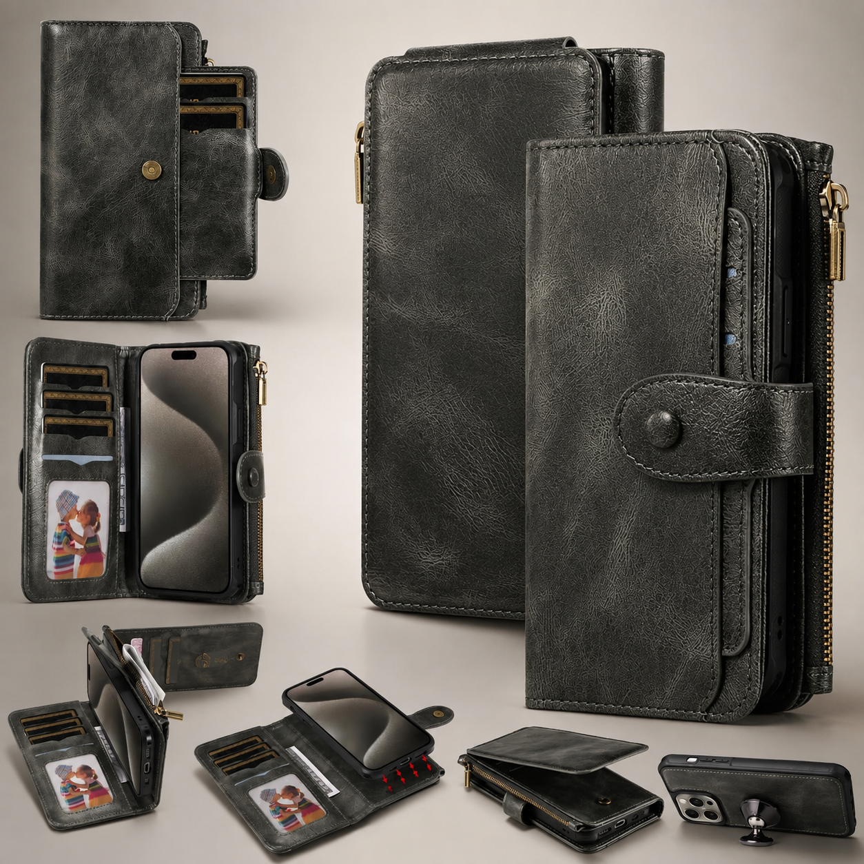 Premium Luxury iPhone Case Detachable Retro PU Leather Wallet Cover Card Holder Zipper Shockproof Anti Fingerprint Dustproof Protective Design