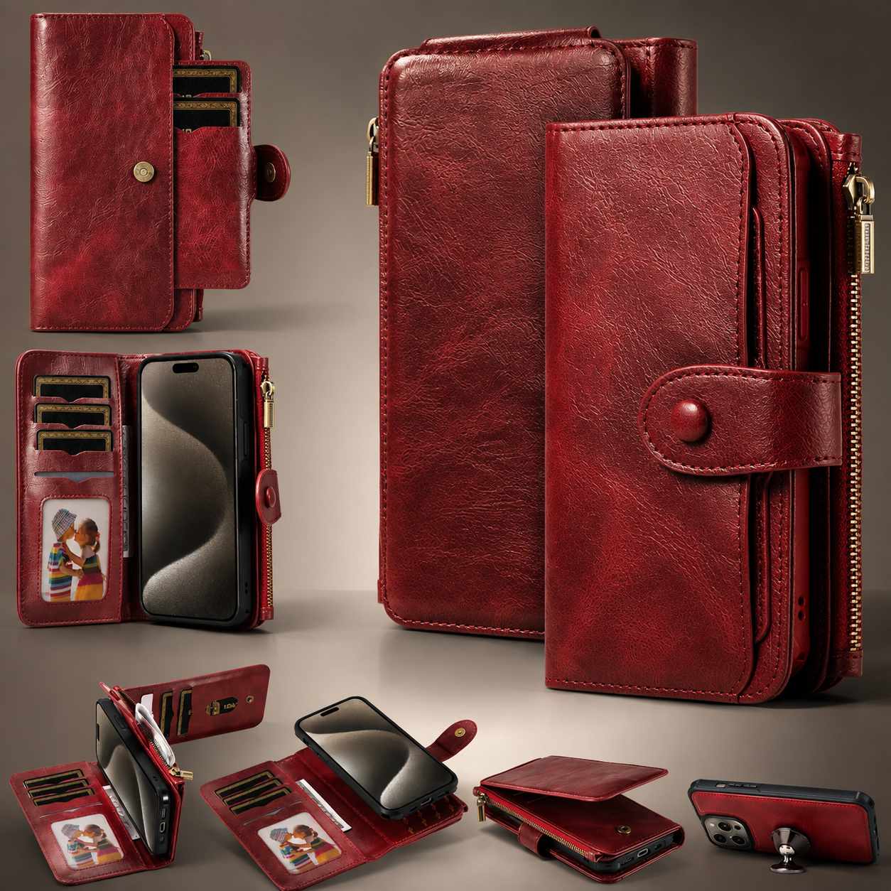 Premium Luxury iPhone Case Detachable Retro PU Leather Wallet Cover Card Holder Zipper Shockproof Anti Fingerprint Dustproof Protective Design