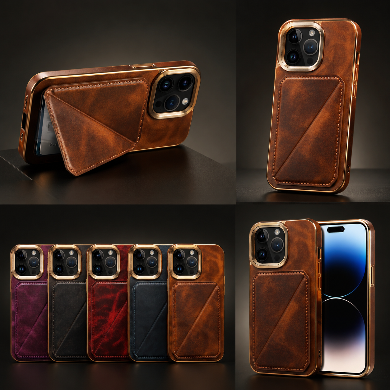 Premium Luxury iPhone Case Genuine Cowhide Leather Wallet Cover Magnetic Card Holder Metal Frame Shockproof Full Body Protection Slim Design Finish