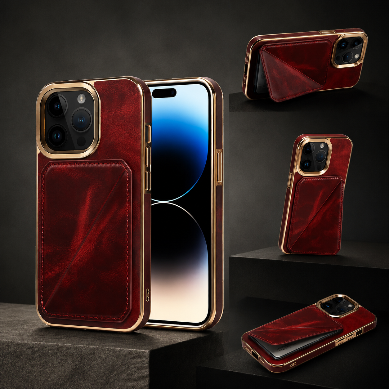 Premium Luxury iPhone Case Genuine Cowhide Leather Wallet Cover Magnetic Card Holder Metal Frame Shockproof Full Body Protection Slim Design Finish