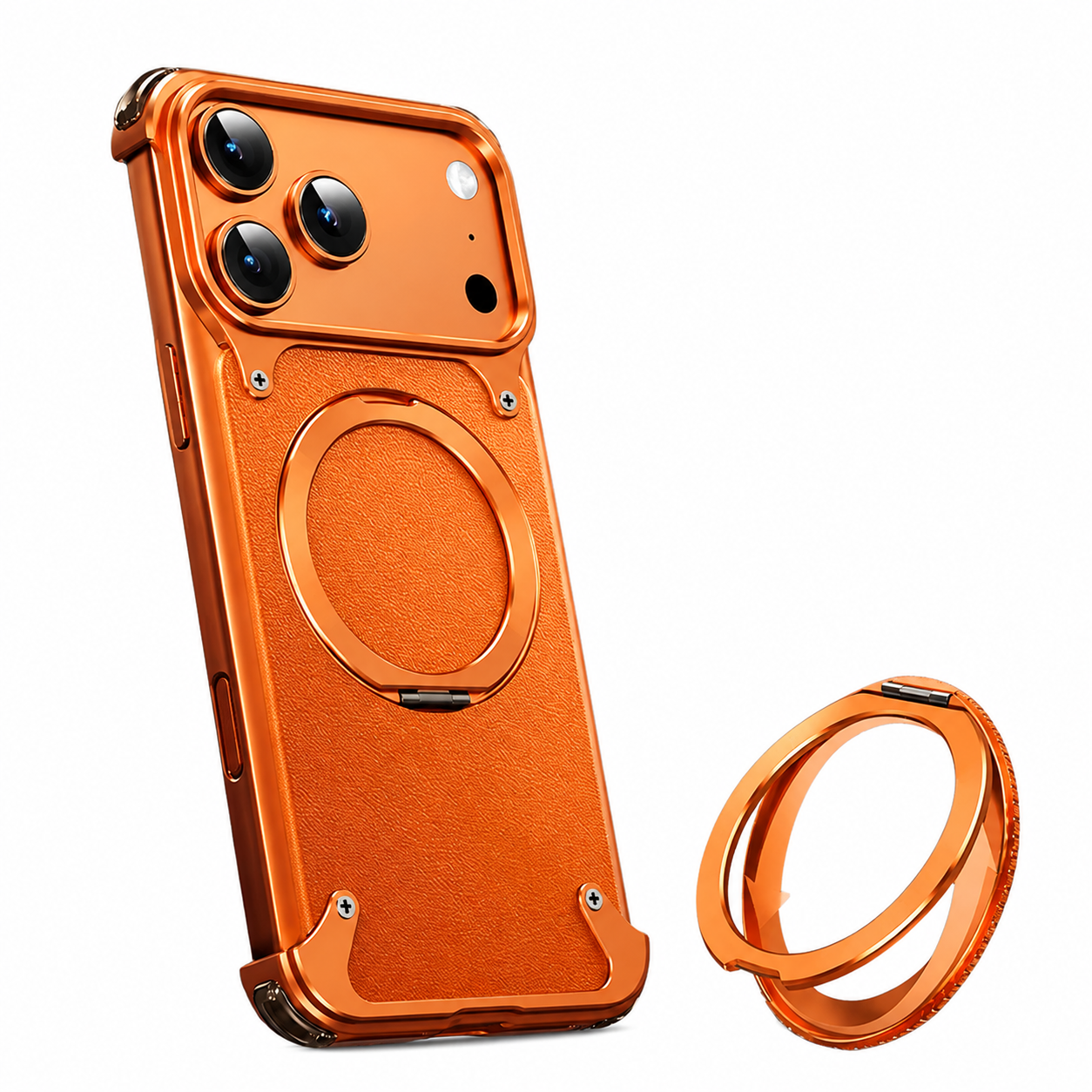 Premium Luxury iPhone Case Genuine Leather MagSafe Compatible Magnetic Cover Rotating Ring Stand Shockproof Frameless Slim Design Finish
