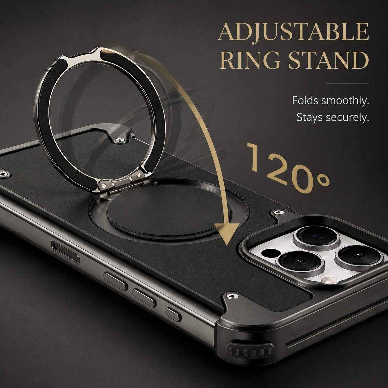 Premium Luxury iPhone Case Genuine Leather MagSafe Compatible Magnetic Cover Rotating Ring Stand Shockproof Frameless Slim Design Finish