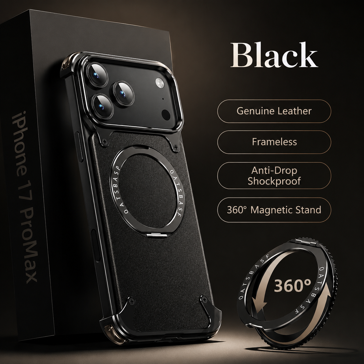 Premium Luxury iPhone Case Genuine Leather MagSafe Compatible Magnetic Cover Rotating Ring Stand Shockproof Frameless Slim Design Finish