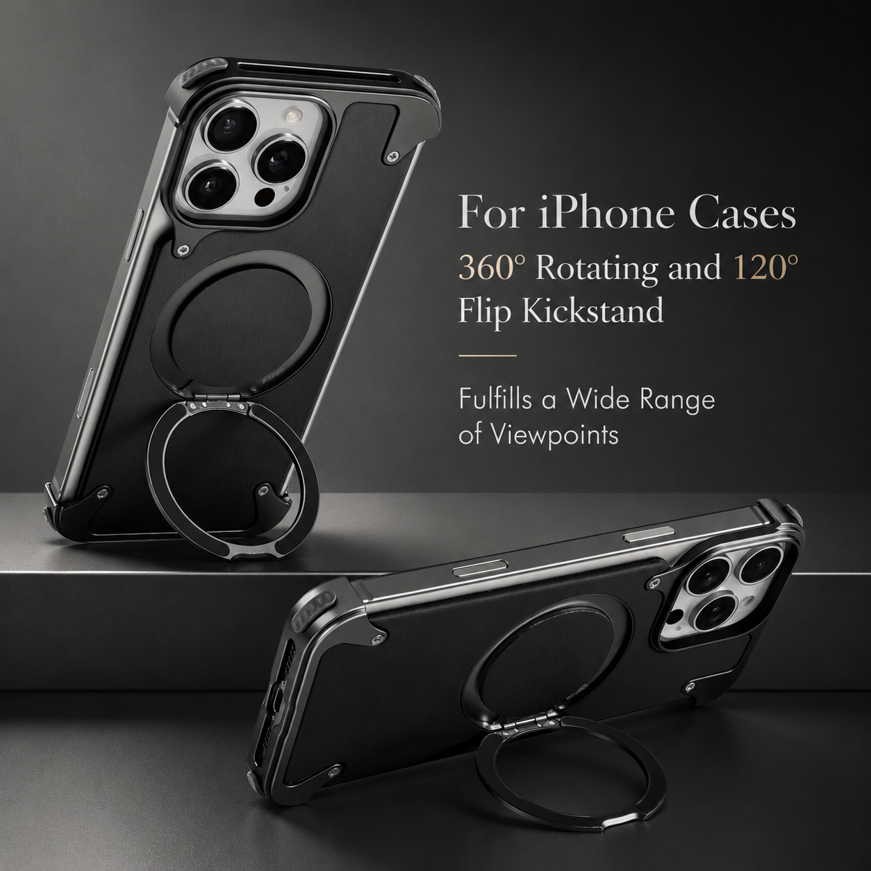 Premium Luxury iPhone Case Genuine Leather MagSafe Compatible Magnetic Cover Rotating Ring Stand Shockproof Frameless Slim Design Finish