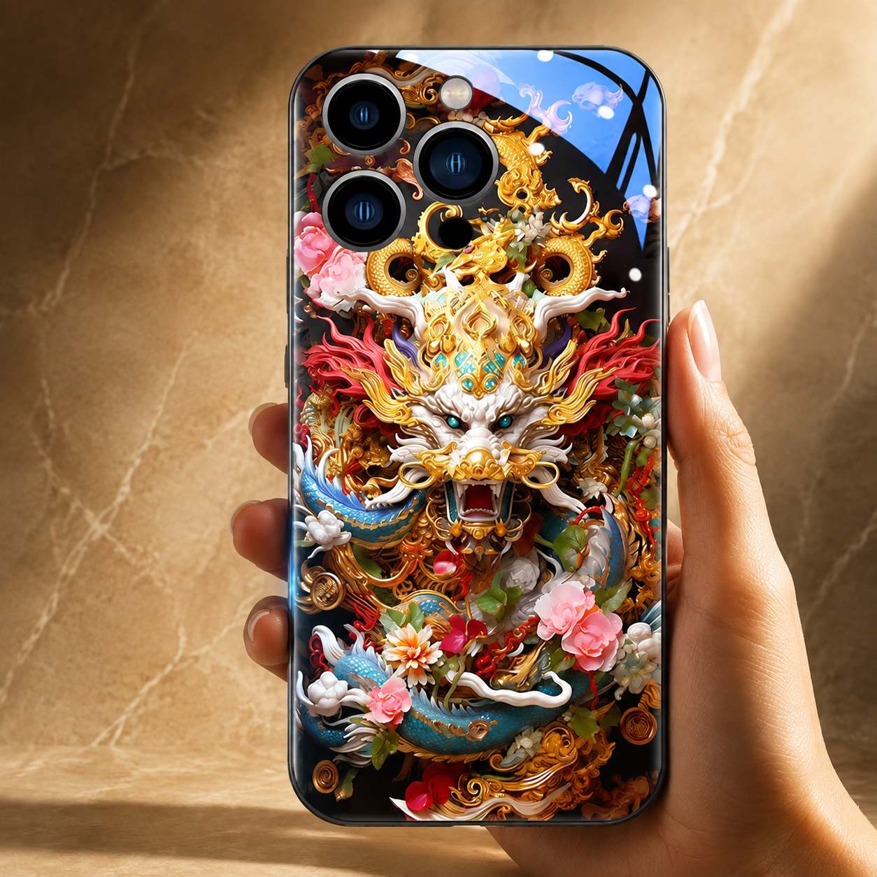 Premium Luxury iPhone Case LED Luminous Cover Golden Dragon Design Sound Reactive Tempered Glass Back Shockproof TPU Frame Ultra Thin Protection