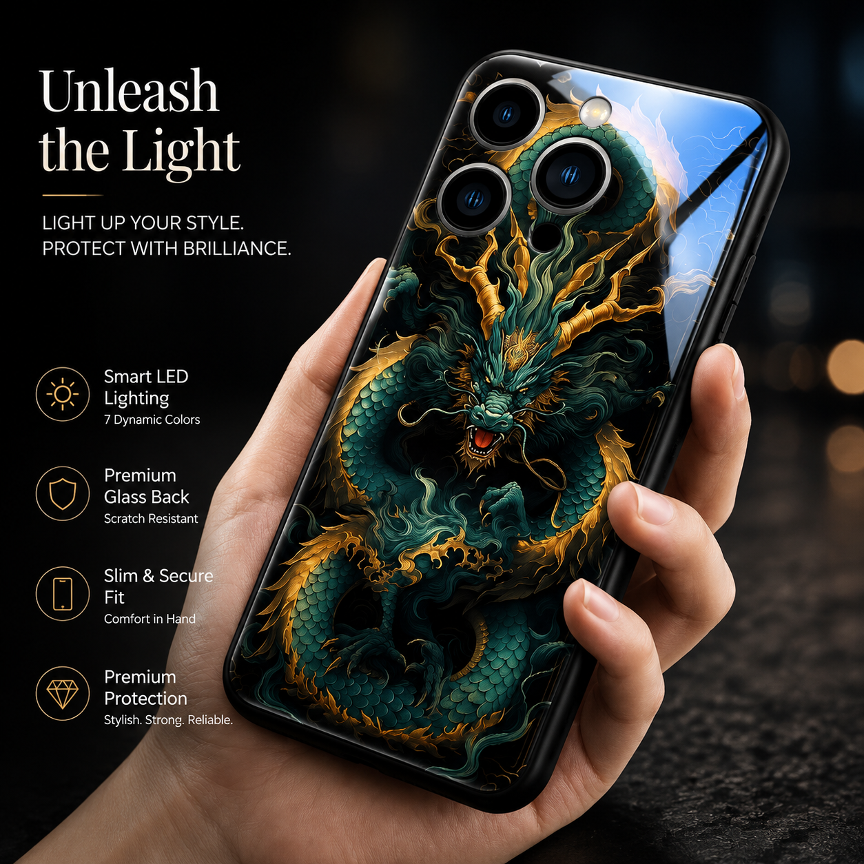 Premium Luxury iPhone Case LED Luminous Cover Golden Dragon Design Sound Reactive Tempered Glass Back Shockproof TPU Frame Ultra Thin Protection