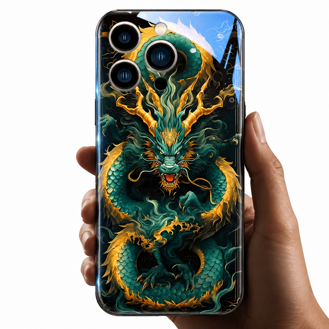 Premium Luxury iPhone Case LED Luminous Cover Golden Dragon Design Sound Reactive Tempered Glass Back Shockproof TPU Frame Ultra Thin Protection